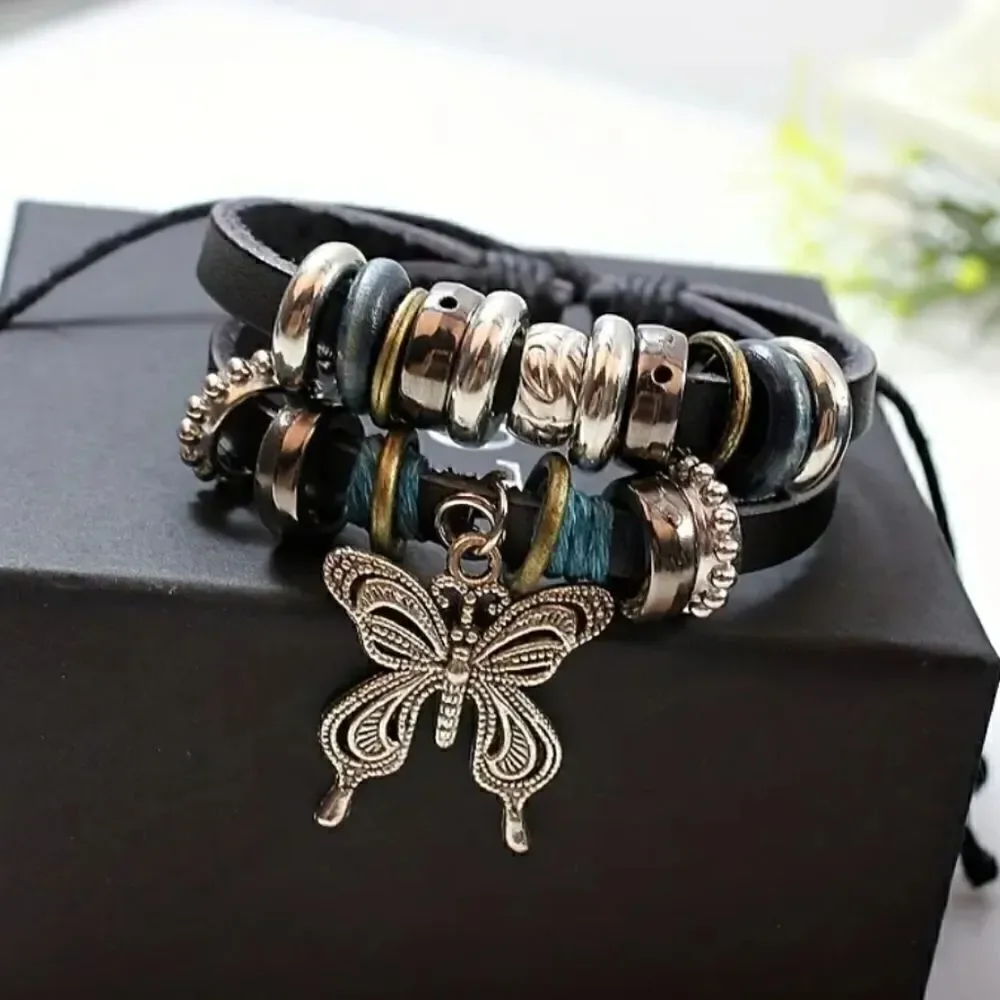 Leather bracelet adjustable butterfly